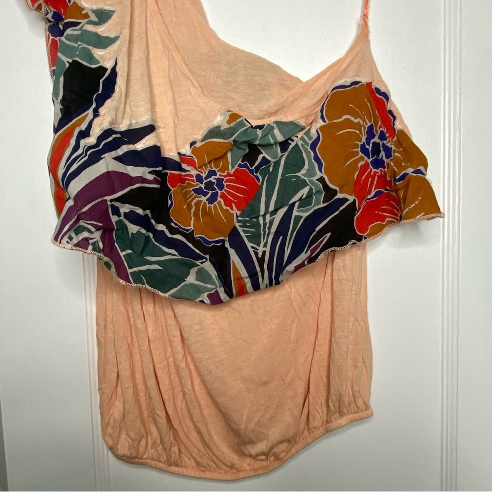 Free People Annka Bubble Tropical One Shoulder Vacation Blouse In Peach Medium - Picture 6 of 15